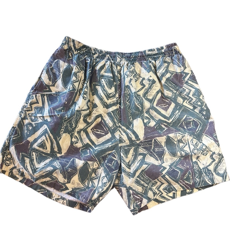 men’s vintage mesh lined swim trunks blue green geometric size medium beach swim